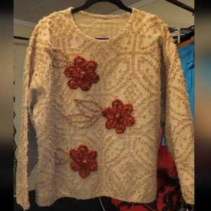 Vtg 90s tan burnt orange floral oversized shag carpet cottagecore sweater L/XL